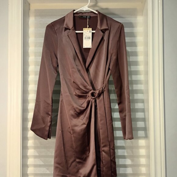 Mango MNG Women Brown Long sleeve Satin Party and events Shirt Dress Size XS - Picture 6 of 6